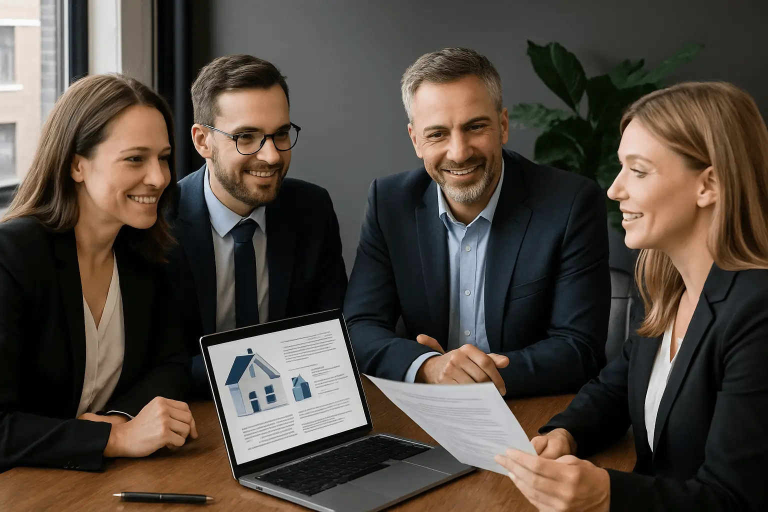 Real estate agents reviewing documents and discussing fraud prevention steps