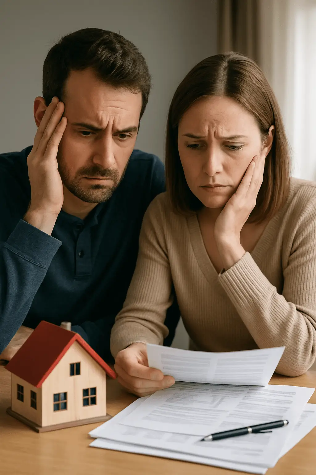 Worried couple reviewing mortgage financial planning documents