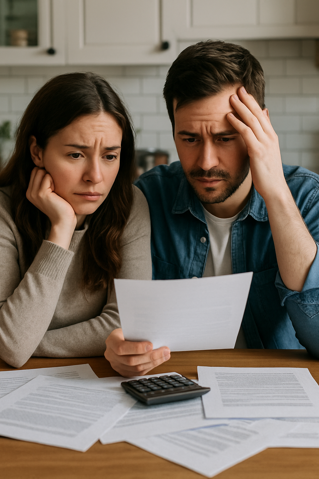 Concerned couple reviewing documents at a kitchen table