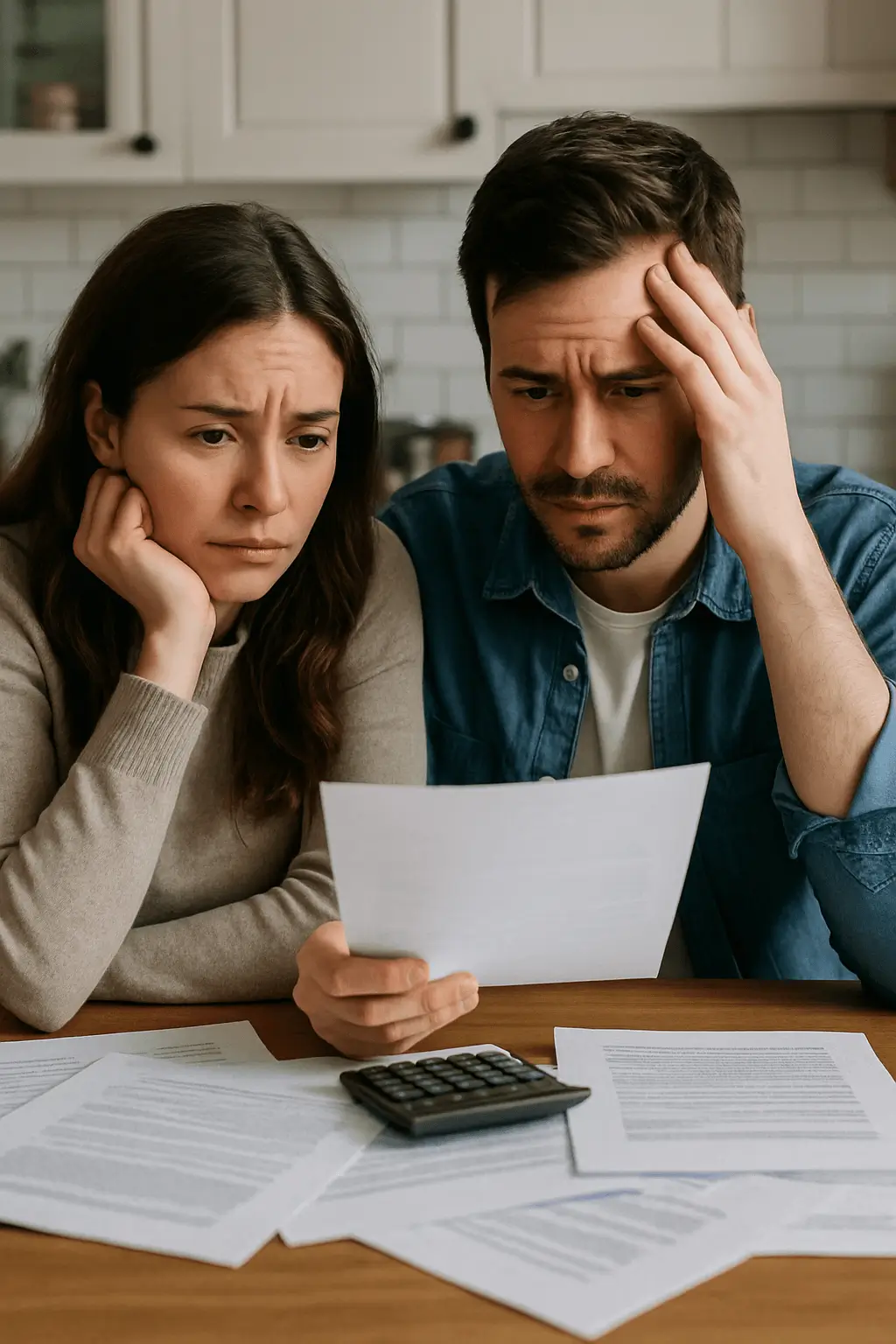 Concerned couple reviewing documents at a kitchen table