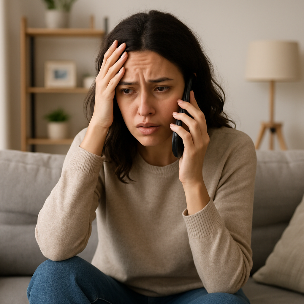 Distressed woman on the phone in a living room