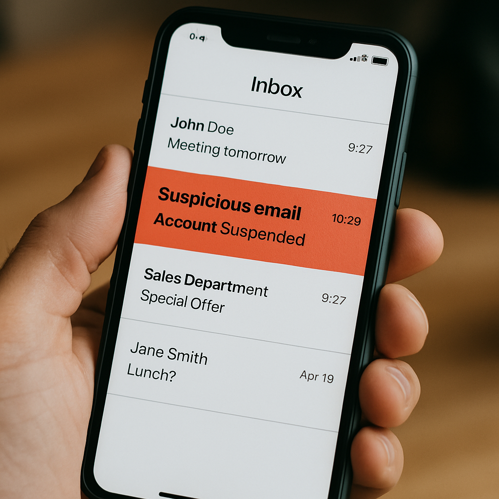 Smartphone showing an email inbox with a suspicious email highlighted