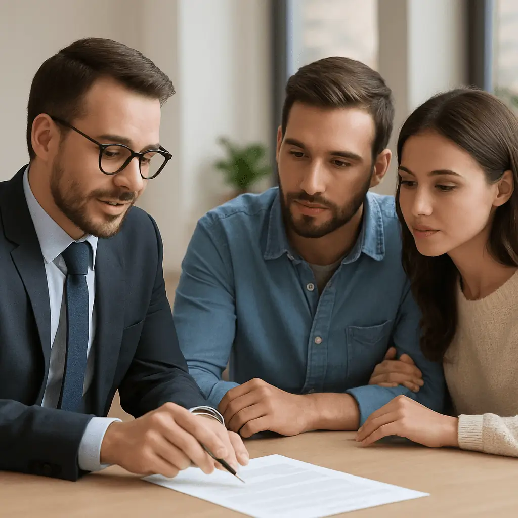 Real estate agent discussing documents with a young couple