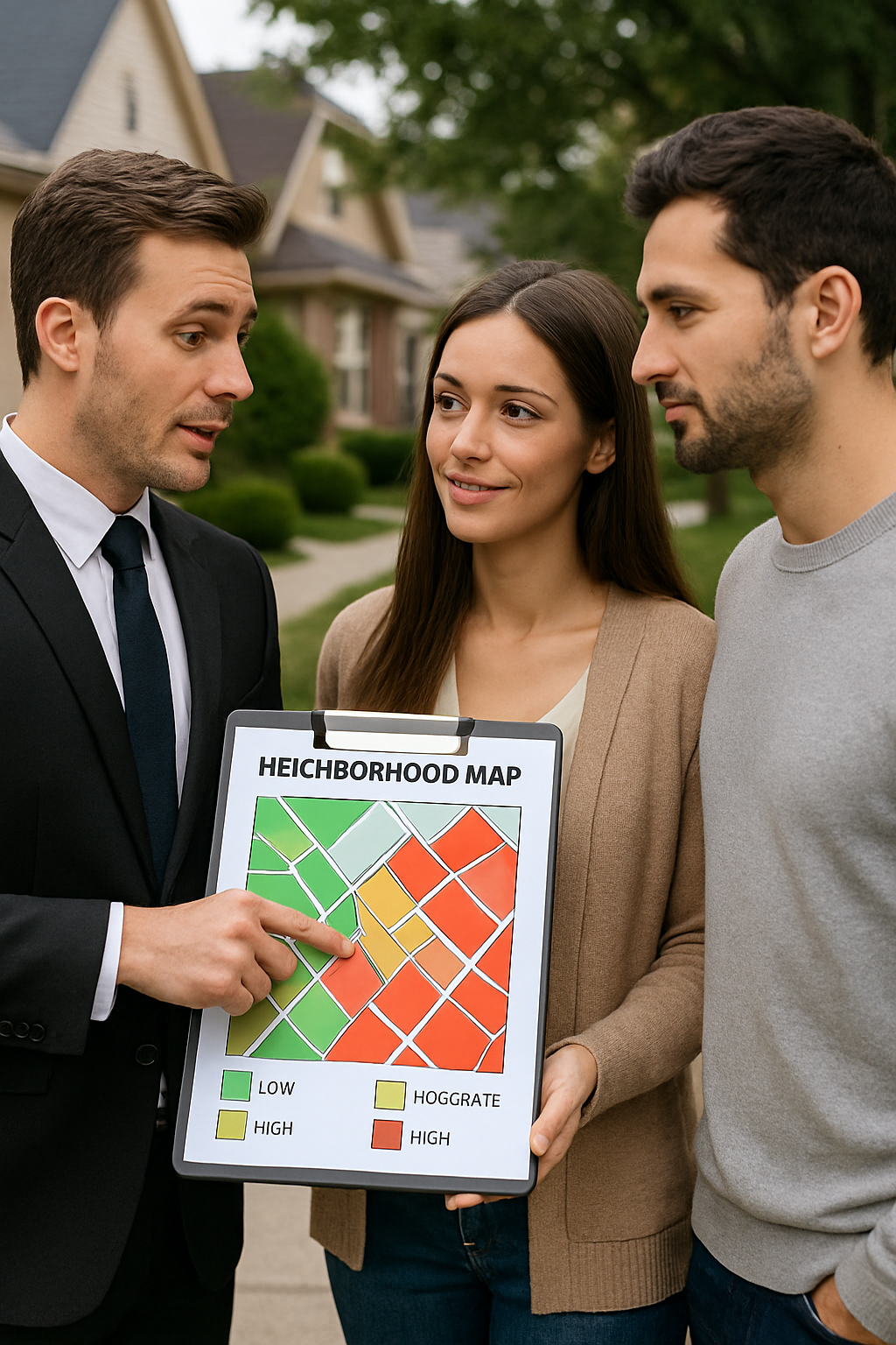 Real estate agent explaining neighborhood risks