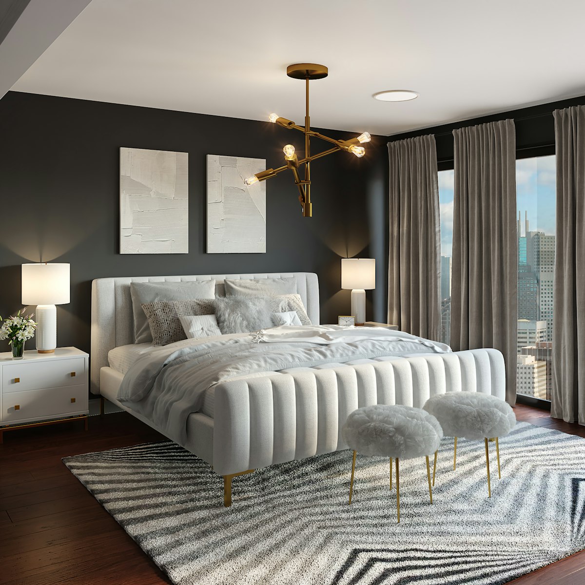 Professionally staged master bedroom with neutral bedding and minimal decor