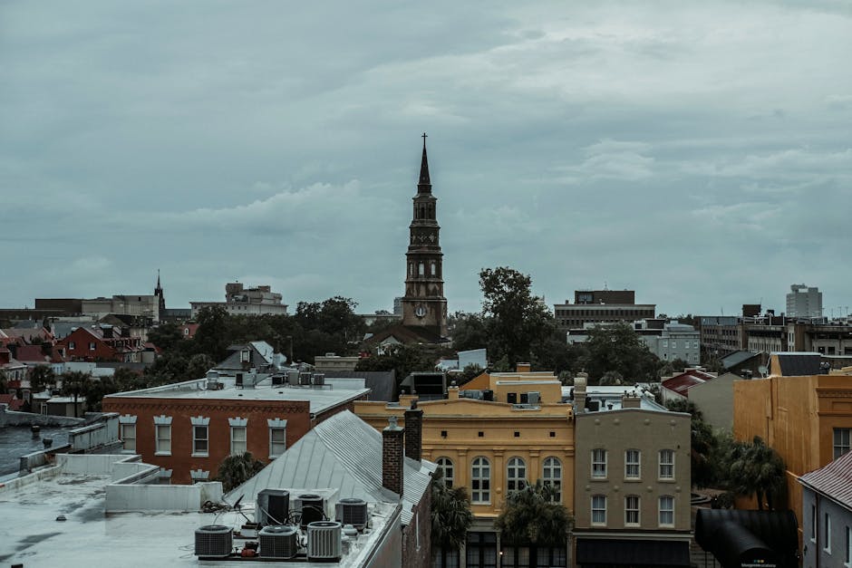 Historic Charleston, South Carolina with colorful buildings and church steeple