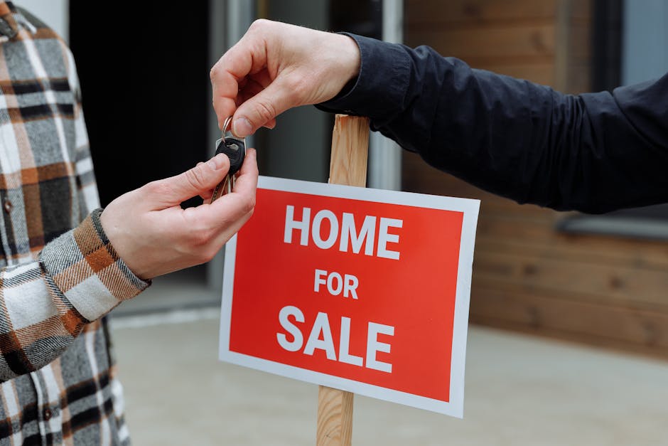 Home for sale sign with people exchanging documents for a cash purchase